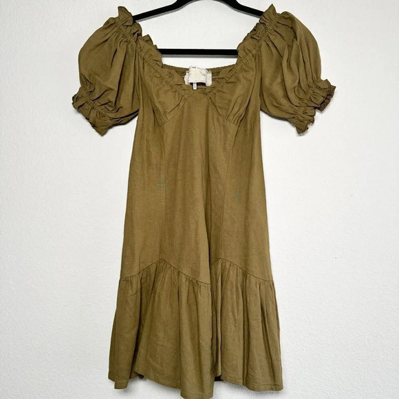 Jen's Pirate Booty Night Bird Mini Smocked Green Linen Blend Dress Size XS - Picture 2 of 10